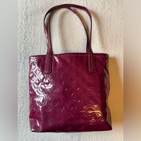 Coach Patent Leather Medium-Sized Tote Bag, Cranberry dark pink color - Picture 10 of 16